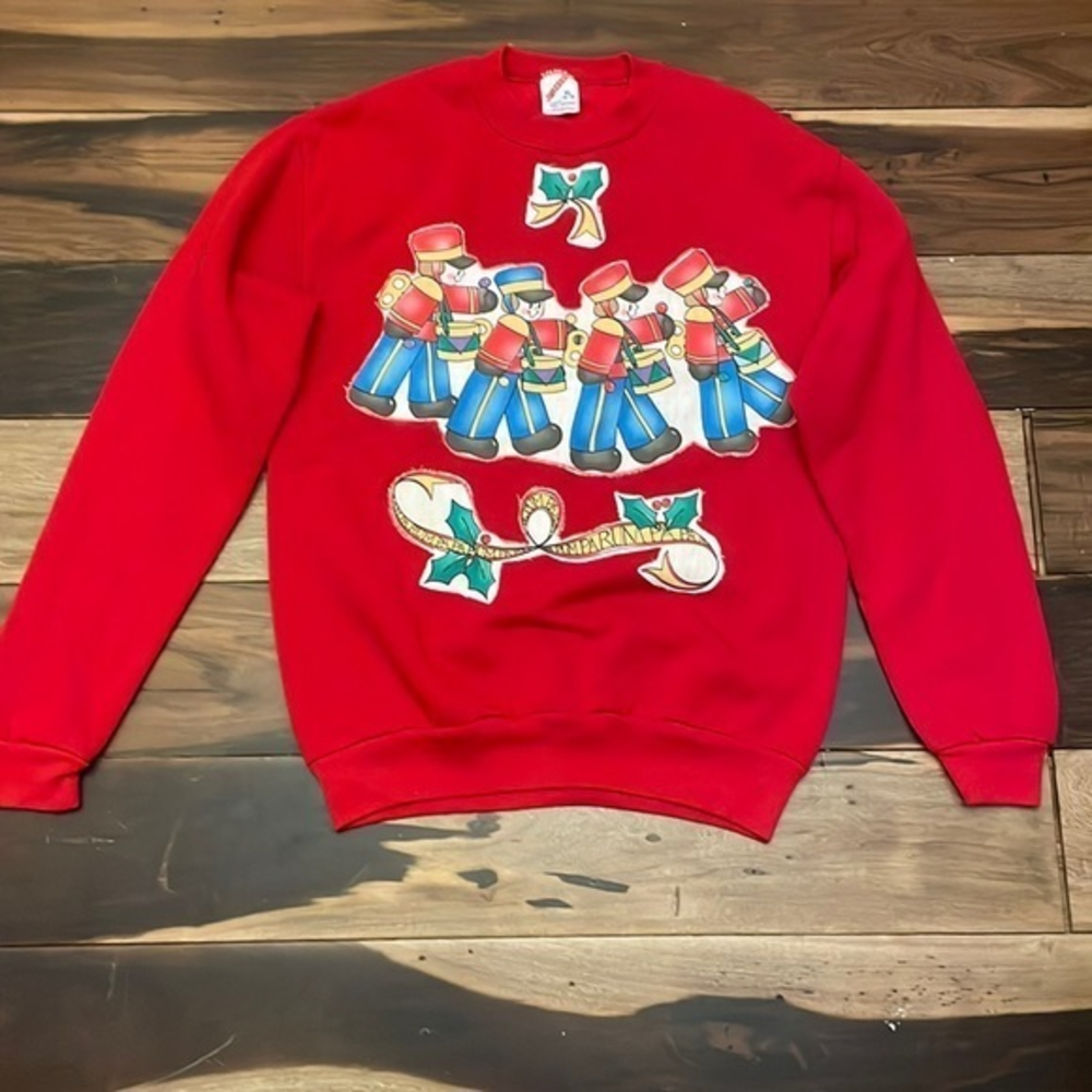 Vintage Jerzees Ugly Red Christmas Sweatshirt Soilder Boy's Applique Size‎ Small